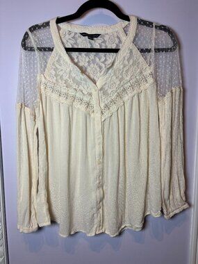 American Eagle Lace Mesh Boho Flowy Button Up Shirt Size M